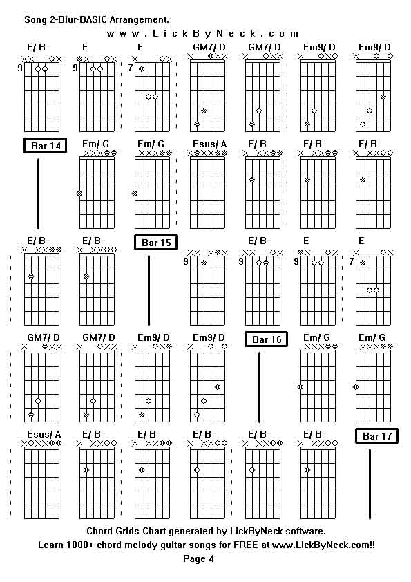 Chord Grids Chart of chord melody fingerstyle guitar song-Song 2-Blur-BASIC Arrangement,generated by LickByNeck software.